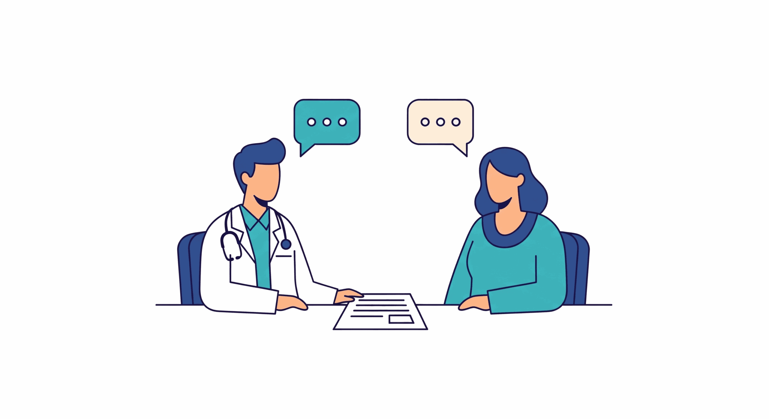 Illustration eines erfolgreichen Arztgesprächs, bei dem Patient und Arzt als Partner kommunizieren.