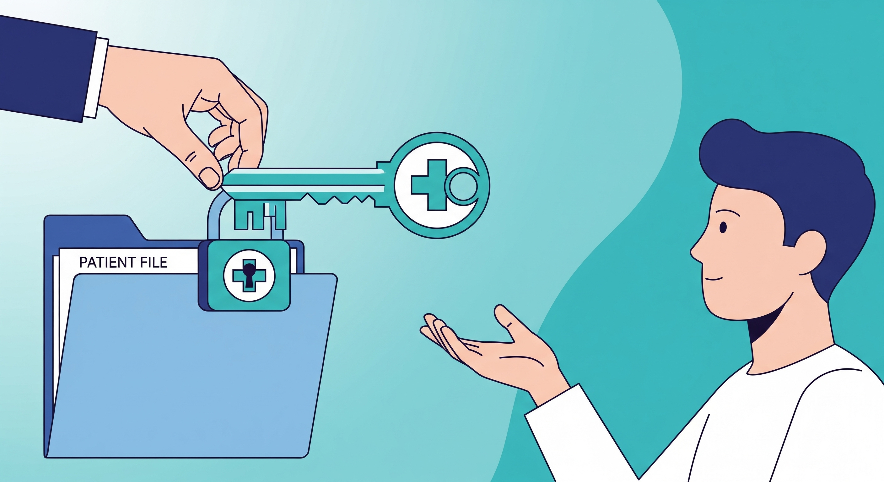 Grafik eines Schlüssels, der eine verschlossene Patientenakte aufschließt, als Symbol für das Recht, seine Patientenakte anzufordern.