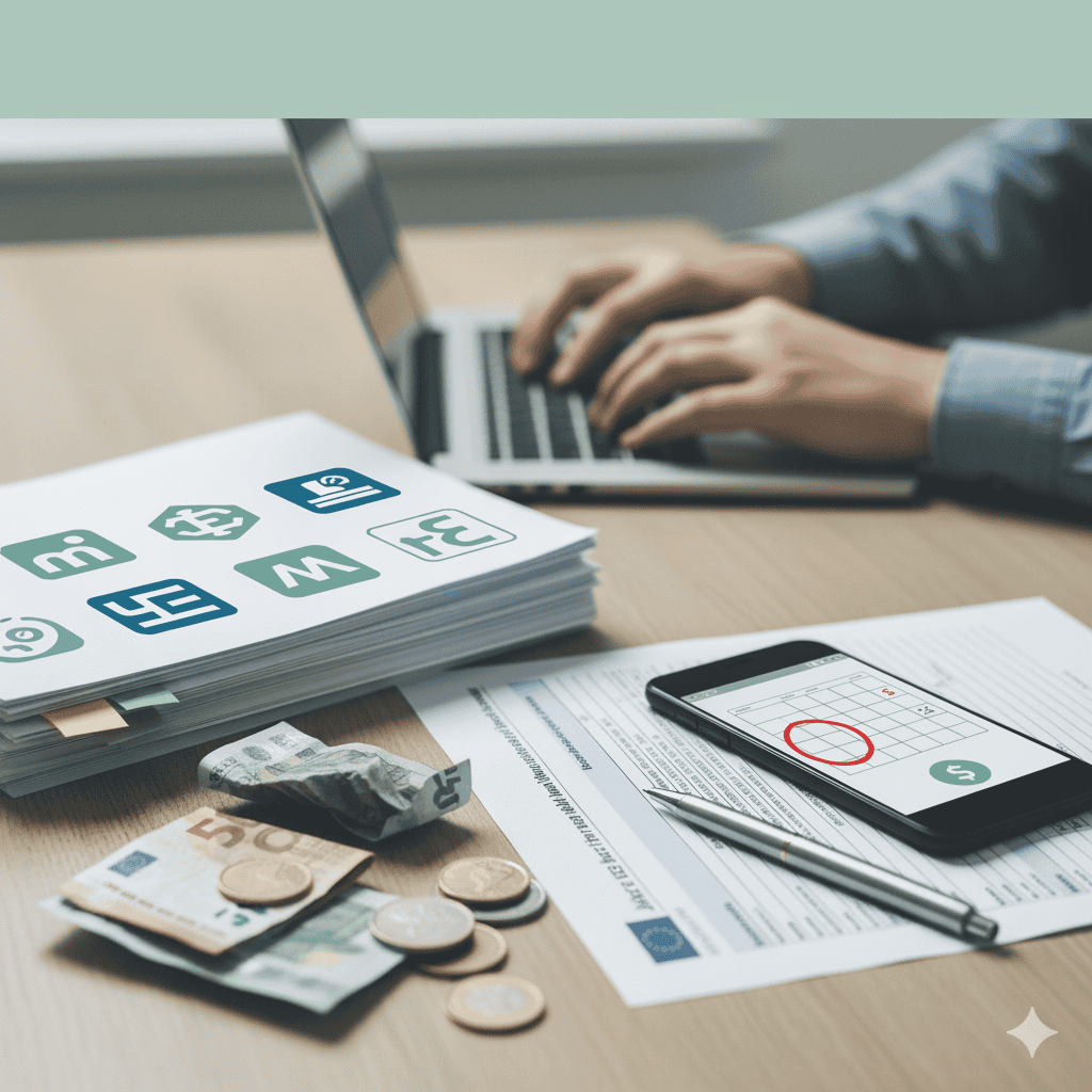 Ein Tisch mit vielen Unterlagen und Bargeld als Sympol für die Krankenkasse.