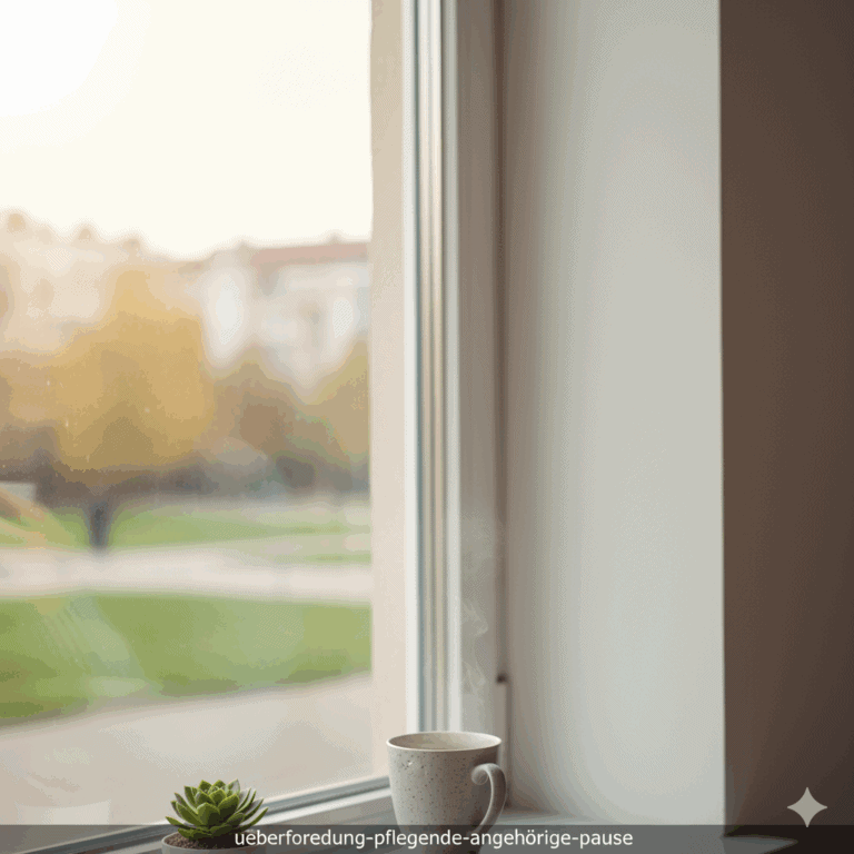 Eine pflegende Angehörige macht eine kurze Pause am Fenster, um neue Kraft zu schöpfen und der Überforderung zu entkommen.