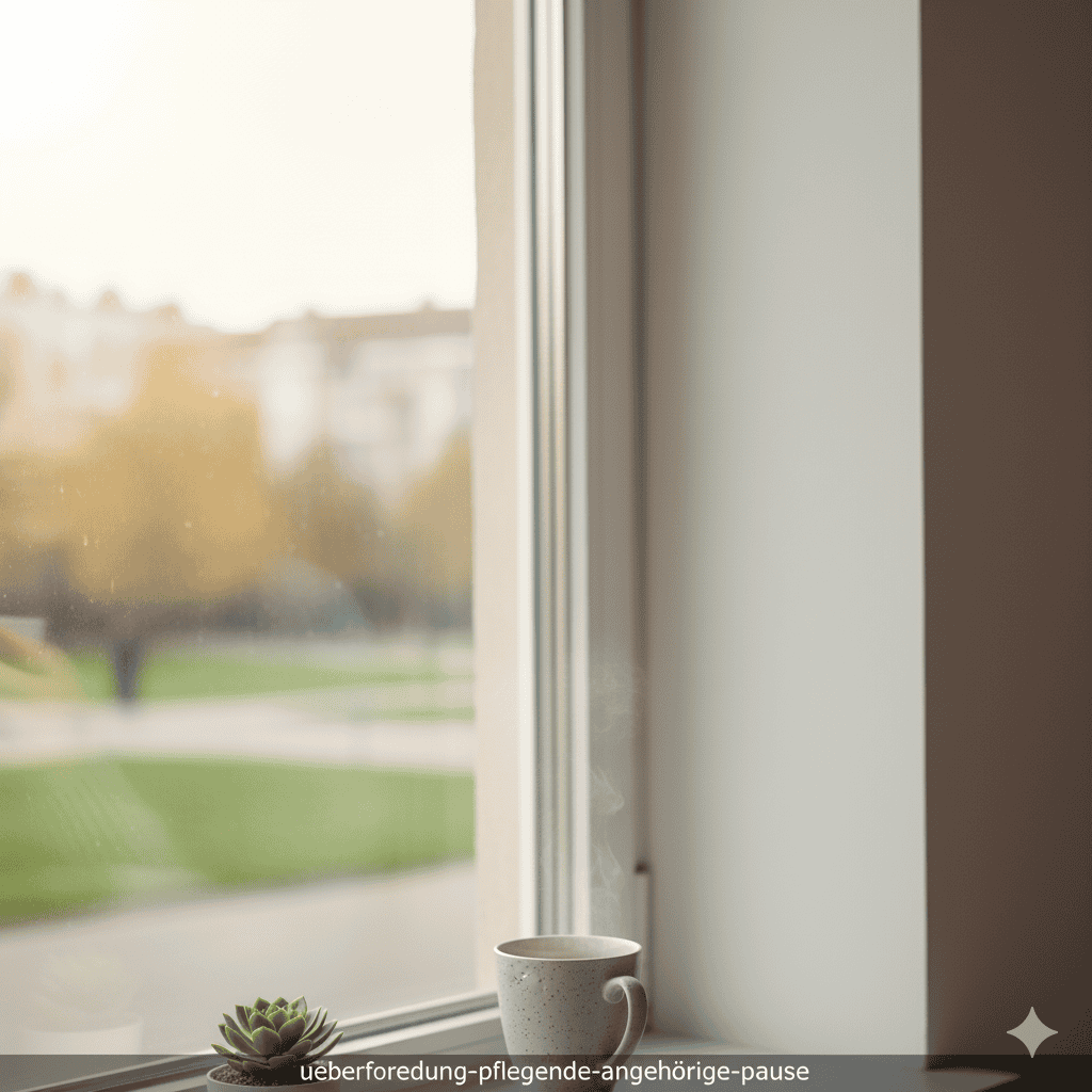 Eine pflegende Angehörige macht eine kurze Pause am Fenster, um neue Kraft zu schöpfen und der Überforderung zu entkommen.
