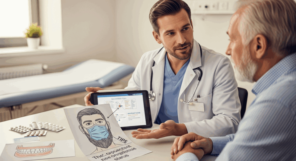 Anästhesie-Vorgespräch: Anästhesist erklärt Patient wichtigste Tipps für OP-Sicherheit, mit Bezug auf Medikamente, Bart und Zahnstatus.