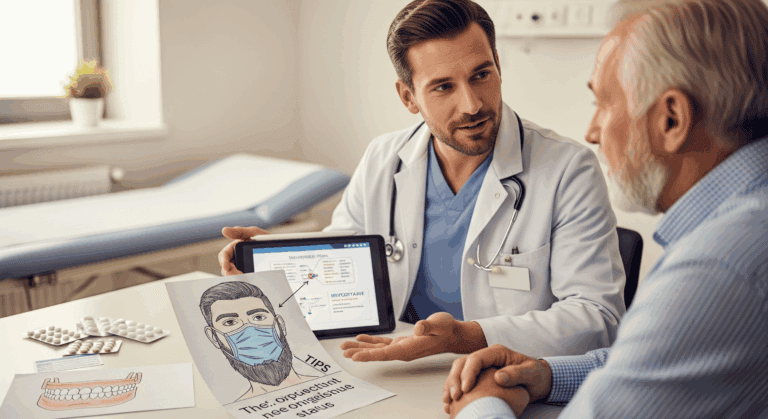 Anästhesie-Vorgespräch: Anästhesist erklärt Patient wichtigste Tipps für OP-Sicherheit, mit Bezug auf Medikamente, Bart und Zahnstatus.