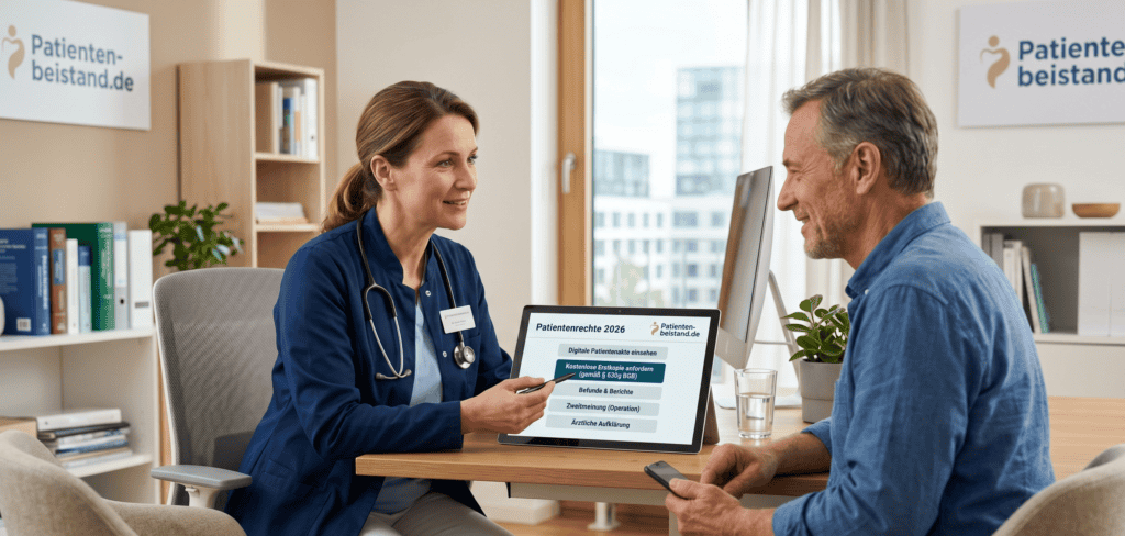 Eine Ärztin und ein Patient besprechen in einer modernen Praxis die Patientenrechte 2026. Auf einem Tablet sind Themen wie 'Digitale Patientenakte einsehen', 'Kostenlose Erstkopie anfordern' und 'Zweitmeinung (Operation)' zu sehen. Im Hintergrund ist das Logo von Patienten-beistand.de sichtbar.