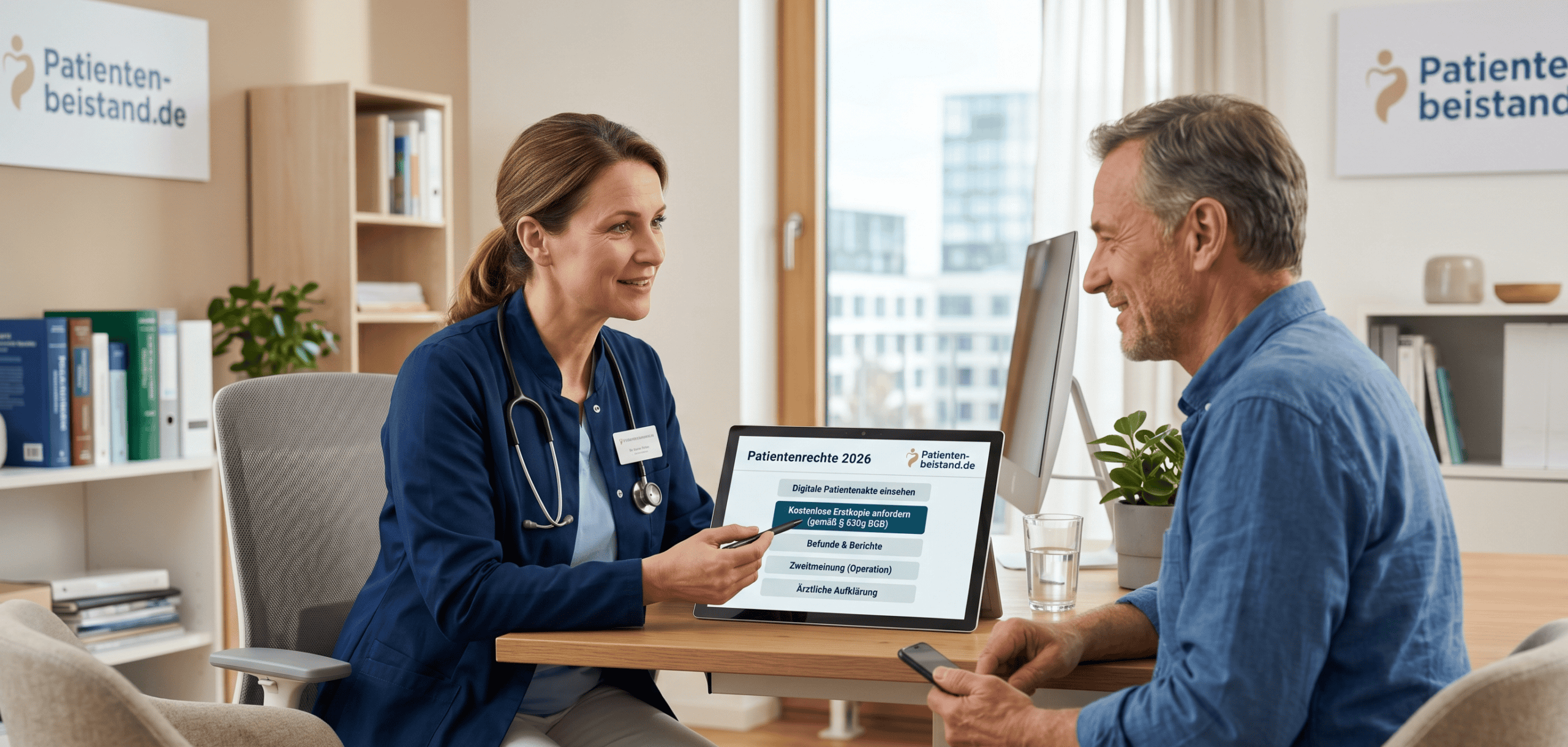Eine Ärztin und ein Patient besprechen in einer modernen Praxis die Patientenrechte 2026. Auf einem Tablet sind Themen wie 'Digitale Patientenakte einsehen', 'Kostenlose Erstkopie anfordern' und 'Zweitmeinung (Operation)' zu sehen. Im Hintergrund ist das Logo von Patienten-beistand.de sichtbar.